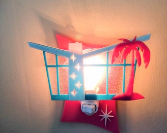 Mid Century Modern Inspired "Butterfly Roof" Putz House Night Light - Turquoise with Pink Palm Tree