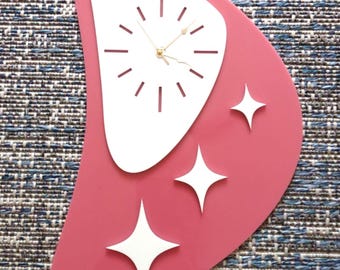 Boomerang Acrylic Wall Clock: Mid Century Modern Retro Decor-White on Pink Melon Background