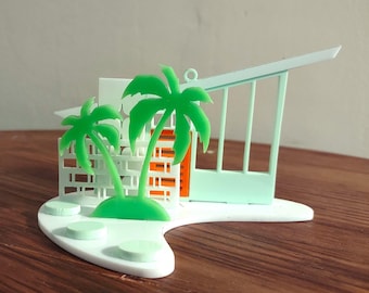 Palm Springs Putz House Village Ornament, Mid Century Modern, Retro Christmas Decor, Holiday Collectable, Little Lime/Lime Palm Tree