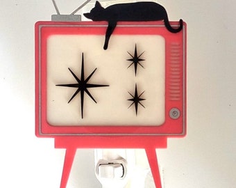 Make it Personal!  Personalized Mid Century Modern/Retro TV Style Night Light w/Lounging Cat-Pink Acrylic