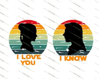 May include: Two retro-style silhouettes of a man and woman with the text "I LOVE YOU" and "I KNOW" below them. The silhouettes are set against a colorful, faded background.