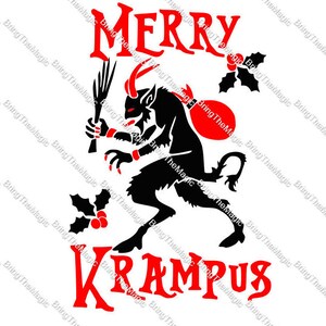 May include: A black and red illustration of Krampus, a mythical creature from Alpine folklore, holding a bundle of birch branches and a sack. The text "Merry Krampus" is written in red letters.