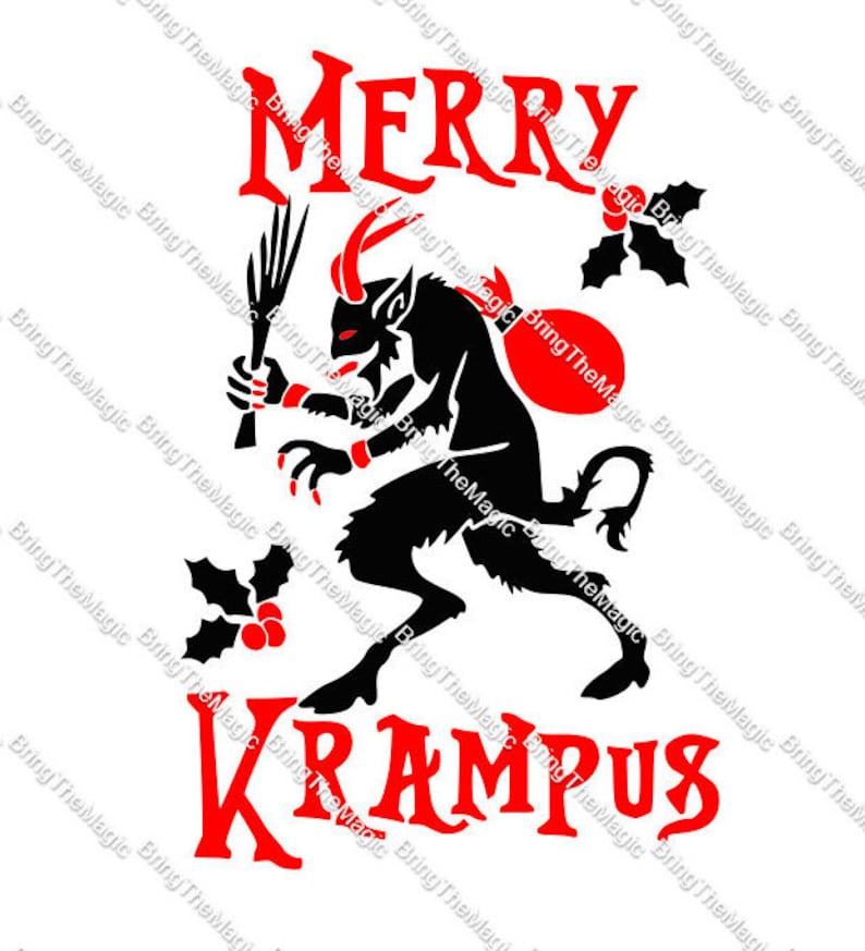 May include: A black and red illustration of Krampus, a mythical creature from Alpine folklore, holding a bundle of birch branches and a sack. The text "Merry Krampus" is written in red letters.