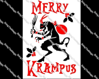May include: A black and red graphic featuring the word "MERRY" above the word "KRAMPUS". The image depicts a horned, devil-like figure with a sack and bundle of sticks, with holly accents.