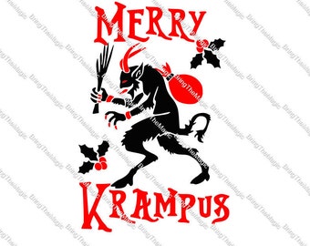 May include: A black and red illustration of a horned creature with a sack on its back. The creature is holding a bundle of sticks in its right hand. The text "Merry Krampus" is written in red letters.