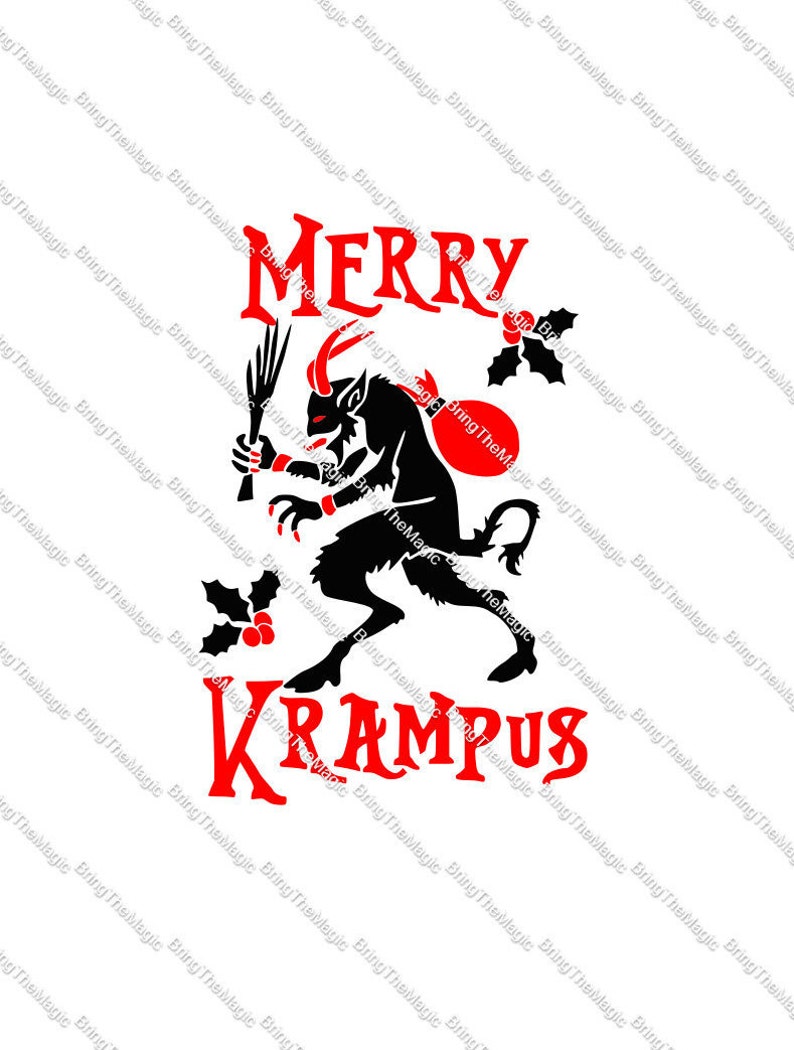 May include: A black and red illustration of a horned creature with a sack on its back. The creature is holding a bundle of sticks in its right hand. The text "Merry Krampus" is written in red letters.