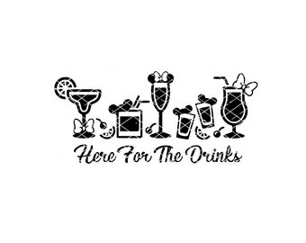 Puede incluir: Diseño en silueta en blanco y negro de varios cócteles con el texto "Here For The Drinks".
