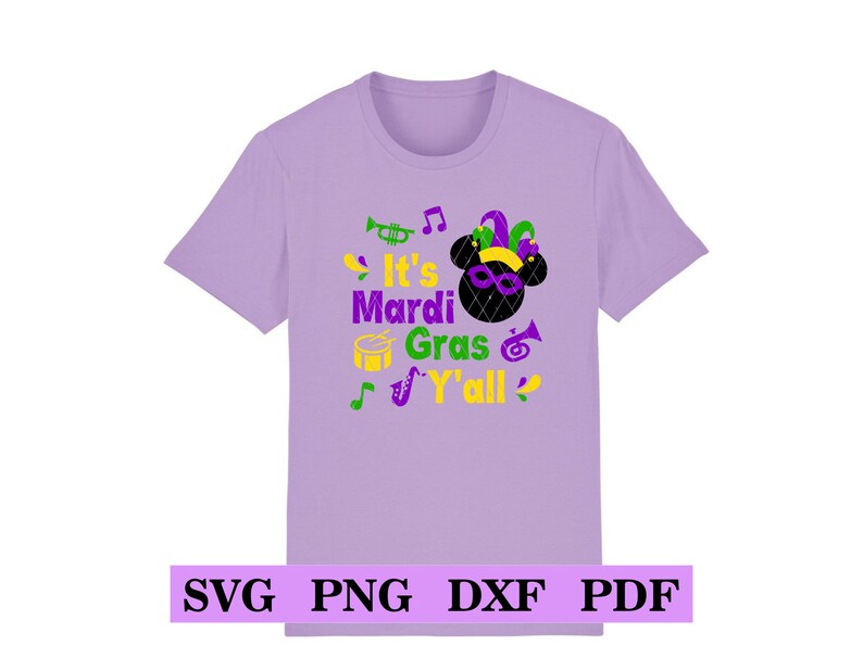 May include: Purple t-shirt featuring a cartoon mouse wearing a jester hat and the text "It's Mardi Gras Y'all".