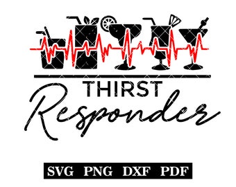May include: Black and red graphic design with the text "THIRST RESPONDER" and a row of five black silhouette cocktail glasses with a red heartbeat line above them.