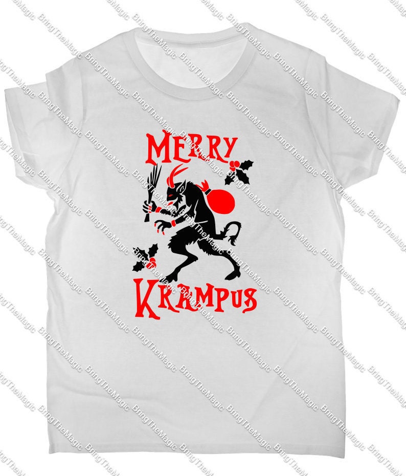 May include: White t-shirt with a red graphic of a horned creature holding a sack and a stick. The text "Merry Krampus" is printed in red below the creature.