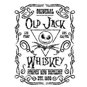 以下が含まれることがあります： 「ORIGINAL OLD JACK」と「PUMPKIN KING DISTILLERY EST. 1993」の文字が書かれた、黒と白のウイスキーラベルのイラスト。ラベルには、いたずらっぽい笑顔をした頭蓋骨と三角形のデザインが描かれている。