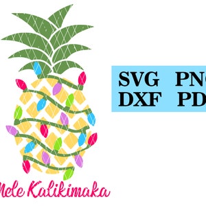 May include: A yellow pineapple with green leaves is decorated with colorful string lights. The text "Mele Kalikimaka" is written below the pineapple.