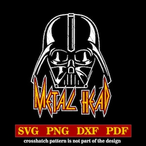 May include: A black and white illustration of Darth Vader's head with the text "METAL HEAD" in yellow and red letters.