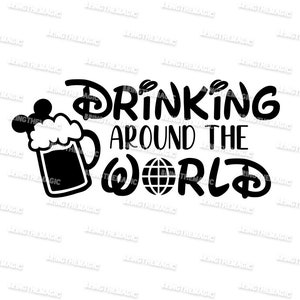 Puede incluir: Dise&ntilde;o gr&aacute;fico en blanco y negro con una jarra de cerveza y el texto "Drinking Around the World" con un globo terr&aacute;queo dentro de la "O" de "World".