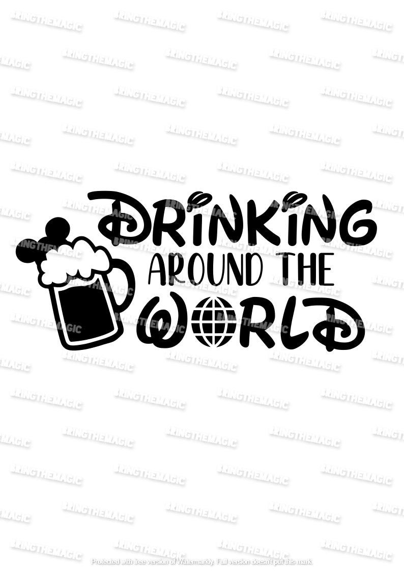 Puede incluir: Dise&ntilde;o gr&aacute;fico en blanco y negro con una jarra de cerveza y el texto "Drinking Around the World" con un globo terr&aacute;queo dentro de la "O" de "World".