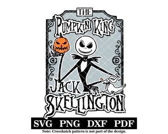 May include: Black and white illustration of Jack Skellington, the Pumpkin King, holding a jack-o'-lantern. The text "THE PUMPKIN KING" is above him and "JACK SKELLINGTON" is below him. The text "SVG PNG DXF PDF" is at the bottom of the image.