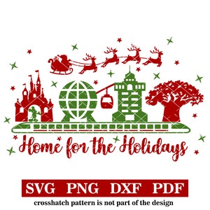 May include: A red and green Christmas-themed design featuring a silhouette of Cinderella's Castle, Spaceship Earth, and the Tree of Life from Walt Disney World. Santa Claus is flying in a sleigh pulled by reindeer above the park icons. The text "Home for the Holidays" is below the image.