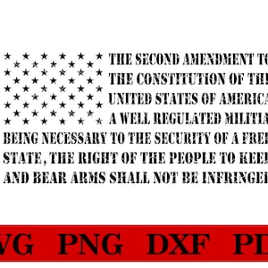 以下が含まれることがあります： 星と「THE SECOND AMENDMENT TO THE CONSTITUTION OF THE UNITED STATES OF AMERICA A WELL REGULATED MILITIA, BEING NECESSARY TO THE SECURITY OF A FREE STATE, THE RIGHT OF THE PEOPLE TO KEEP AND BEAR ARMS SHALL NOT BE INFRINGED.」というテキストが書かれた、スタイリッシュなアメリカ国旗を特徴とする白黒のグラフィックデザイン。