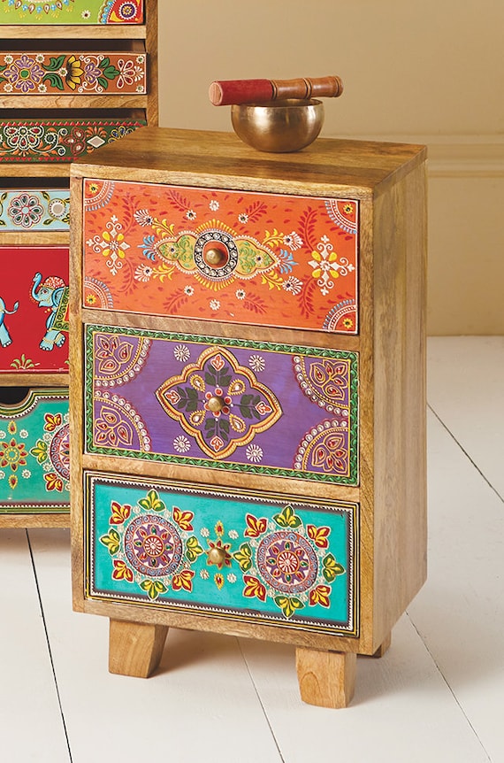 Indian Wooden Bedside Table Storage Bedroom Furniture Indian Wooden Bedside Table Storage, Hand Painted Indian Bedside Cabinet
