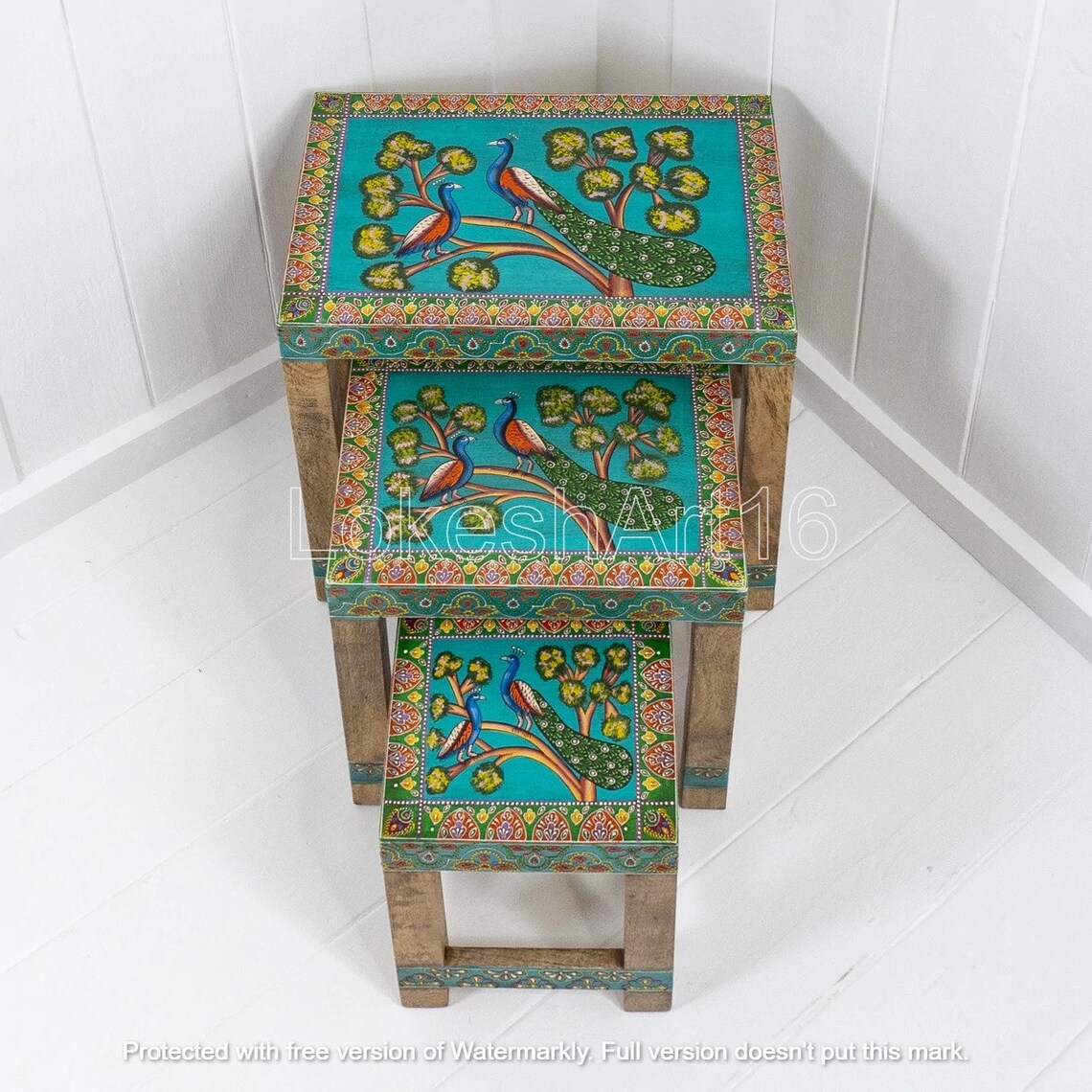 Indian Hand Painted wooden nesting table Nest of 3 Tables Etsy
