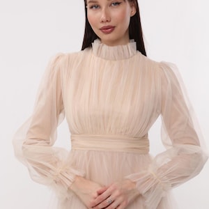 modest,tulle wedding dress, wedding guest dress,long sleeve dress, high neck dress
