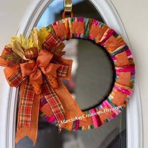 Yarn Fall Wreath: Handmade Autumn Door Decor with Glitter Ribbon