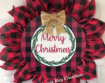 Christmas Wreath, Plaid Burlap Ribbon Wreath, Front Door Wreath, Merry Christmas Wreath, Handmade Wreath, Farmhouse Wreath, Holiday Wreath