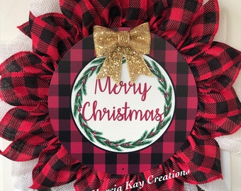 Plaid Burlap Christmas Wreath: Farmhouse Holiday Door Decor
