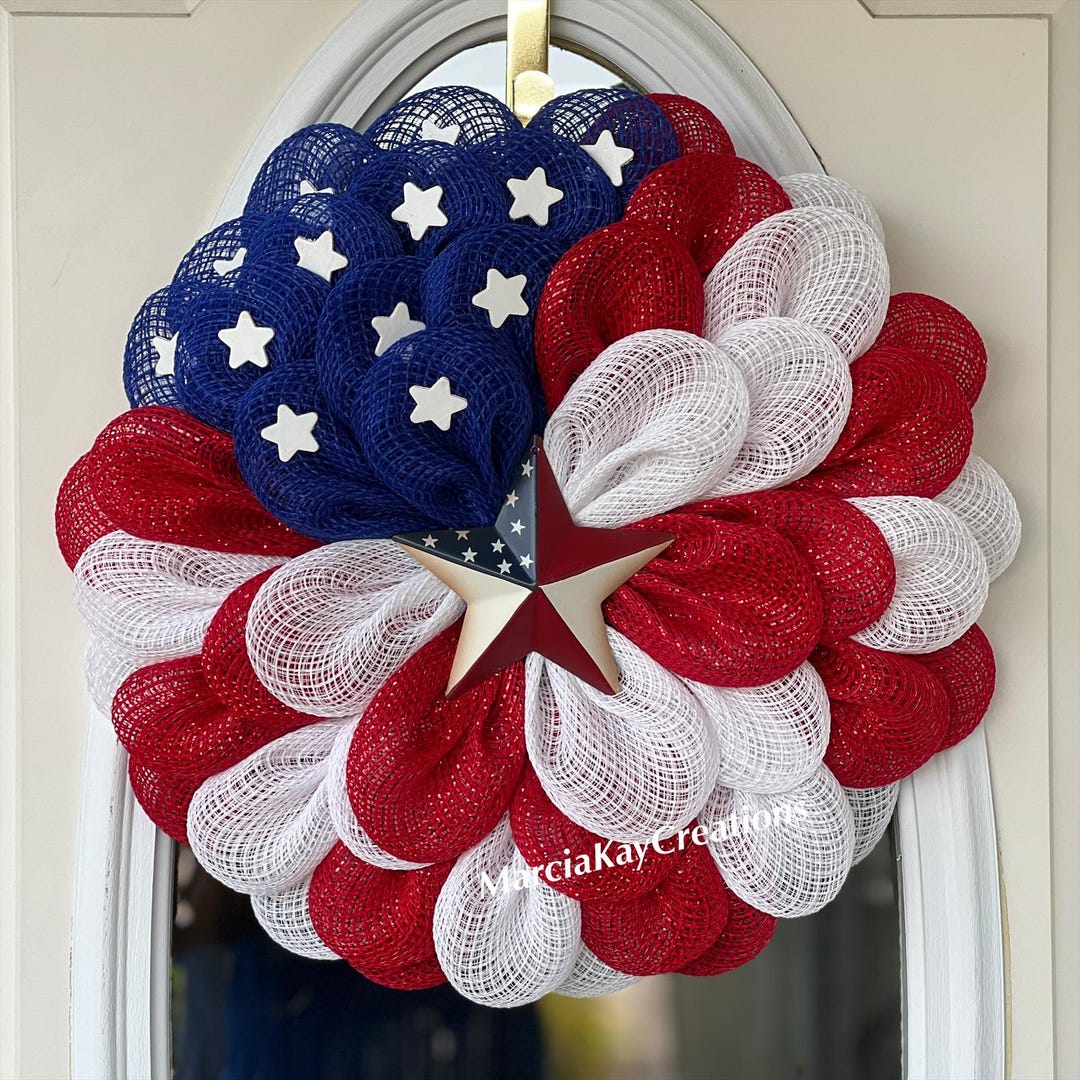 Red White Blue Mesh Patriotic Wreath, Metal Star Decor - Etsy