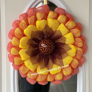 Corona de verano, corona de Zinnia, corona de puerta principal, corona de granja, corona, corona amarilla y naranja, corona hecha a mano, corona de toda la temporada