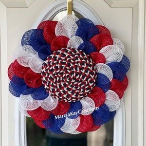 Patriotic Wreath: Red White Blue Fabric Mesh, 4th of July Decor