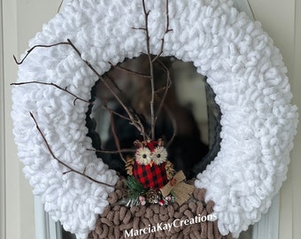 Owl Wreath, Winter Wreath, Yarn Wreath, Fall Wreath, Front Door Wreath, Front Door Decor, Owls With Pine Cones Wreath, Wall Decor, Baby Owls