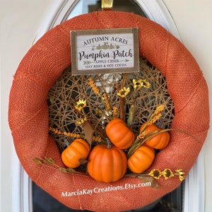 Pumpkin Patch Fall Wreath: Orange Burlap Front Door Decor