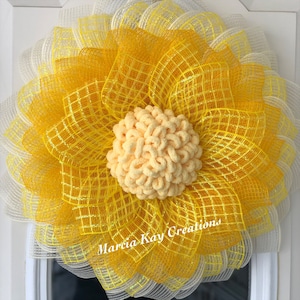 Corona de verano, corona de malla de tela, corona de girasol, corona de puerta principal, corona amarilla, corona hecha a mano, corona de todos los días, corona de granja