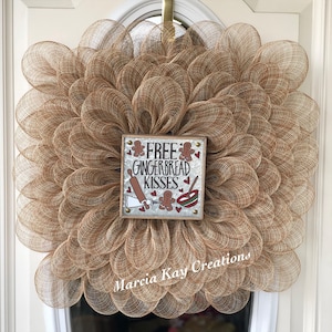 Christmas Wreath, Gingerbread Kisses Wreath, Handmade Wreath, Farmhouse Decor, Tan Wreath, Mesh Wreath, Front Door Wreath, Christmas Decor