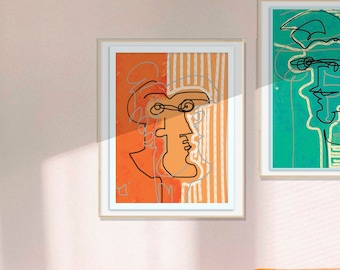 Stampa Giclée Volto astratto, disegno lineare, stampa minimalista, sguardo rivolto a destra - Uno di 2