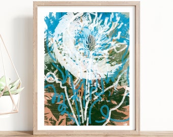 Giclée Print of Dandelion Abstract painting in Blue, white and earthy colors Bright