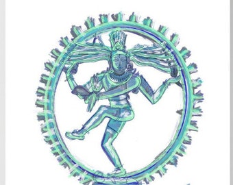 Nataraj Giclée Print: Hindu God Shiva, Aqua Blue Art, India