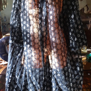 Puede incluir: Una blusa de encaje negro transparente con un patrón floral plateado y un lazo de cinta negro en el cuello.