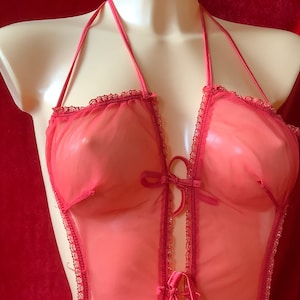 Vintage Red sheer nylon body suit play suit teddy