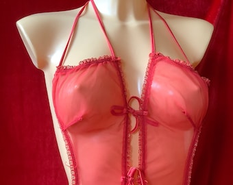 Vintage Red sheer nylon body suit play suit teddy