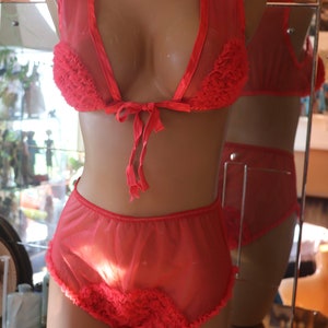 Red nylon ruffled panties and bralette set