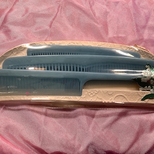 Three blue plastic combs in case