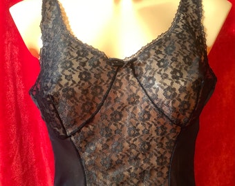 Vintage black  perlon  nylon lace   slip