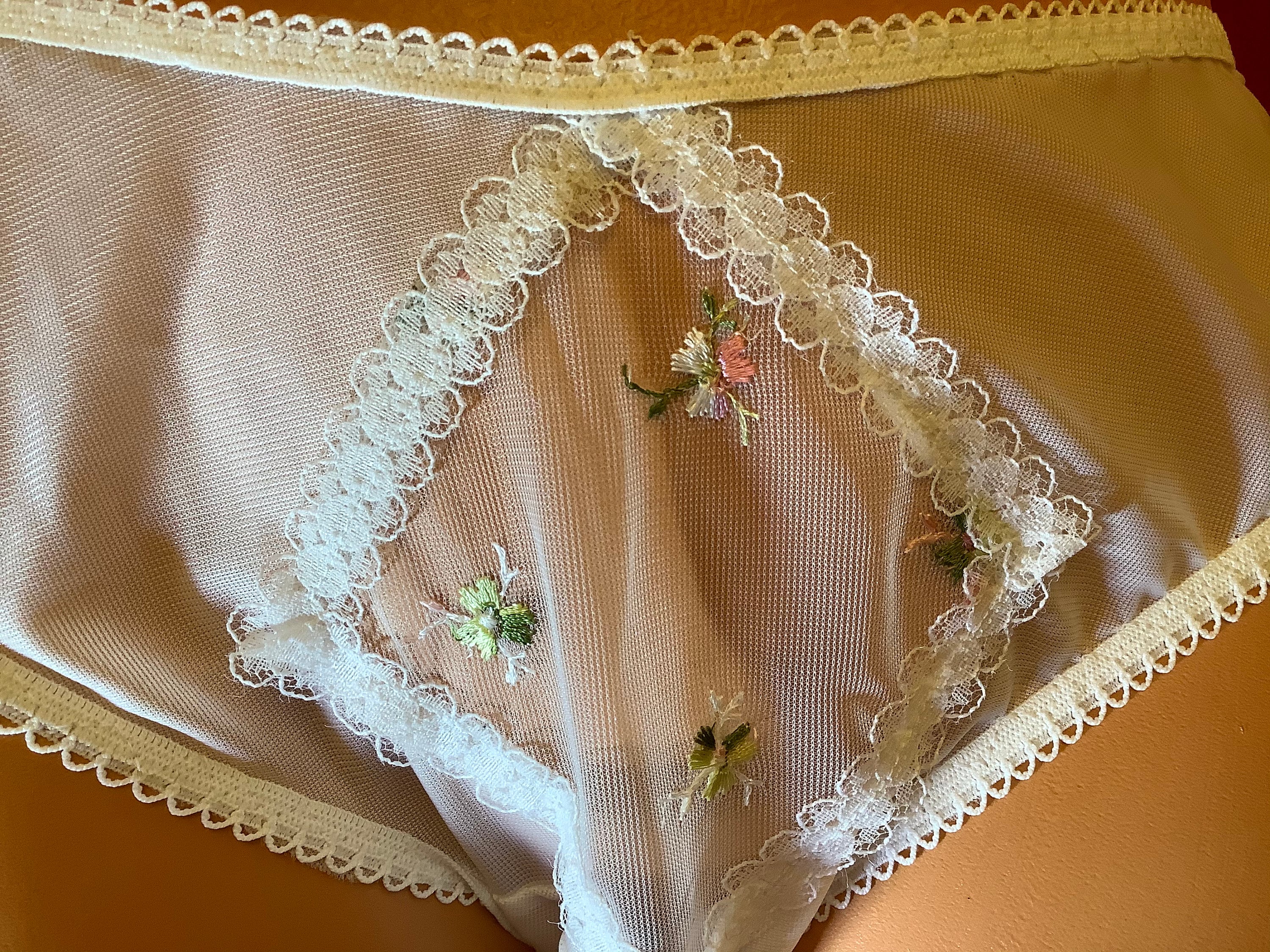 Nylon Semi Sheer Panties With Floral Decoration 