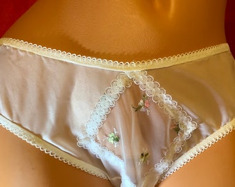 Nylon semi sheer panties with floral decoration