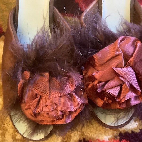 Brown  marabou rosette   trimmed mule slippers