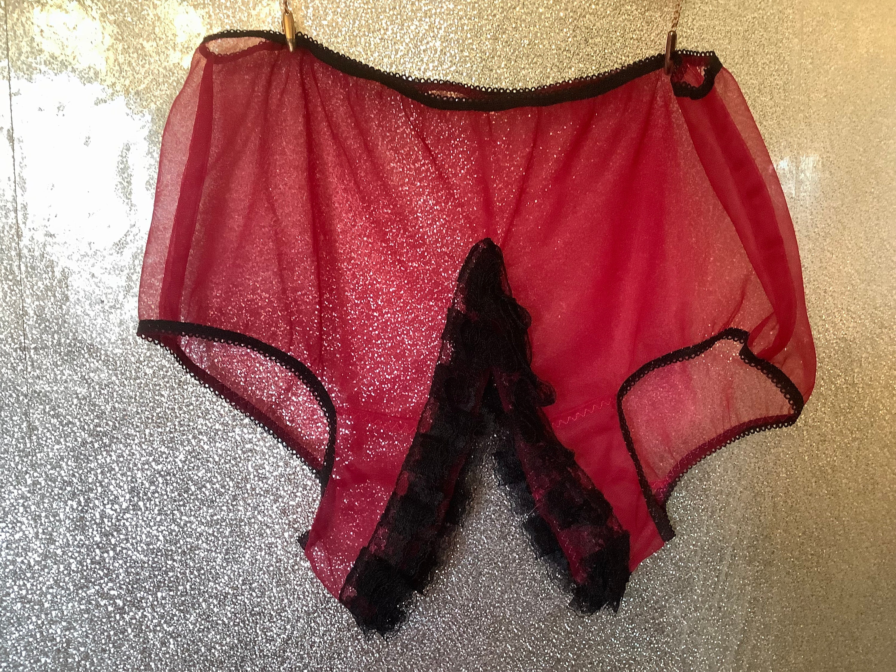 Vintage Style Sheer Nylon Two Layers of Lace Open Crotch Panties 