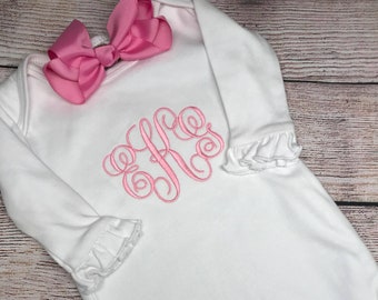 Monogram Baby Girl gown set, Infant gown bib burp cloth set, baby gown, personalized burp cloth, bib, ruffle gown, going home gown, day gown