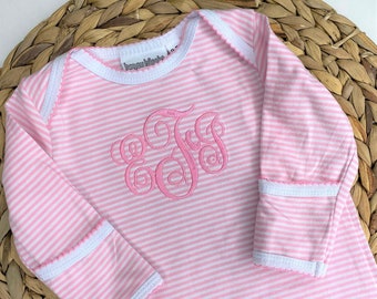 Striped Monogram Baby Girl gown set, Infant gown , baby gown, personalized,  going home gown, day gown,Striped Gown with Picot Trim